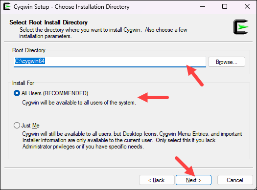 Select the root installation directory for Cygwin.