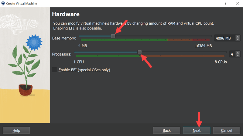 Set the amount of RAM and number of CPU cores for your new VM.