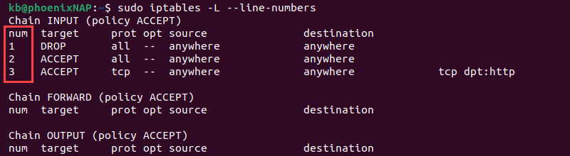 sudo iptables line numbers terminal output