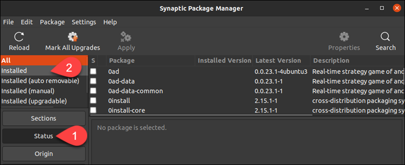 The Status section of Synaptic Package Manager.