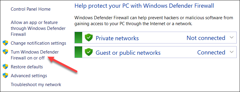 The location of the option to turn Windows Defender Firewall on or off in Control Panel.