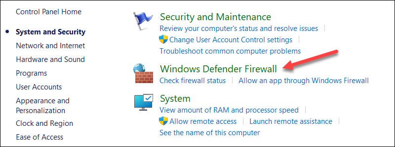 The location of the Windows Defender Firewall options in Control Panel.