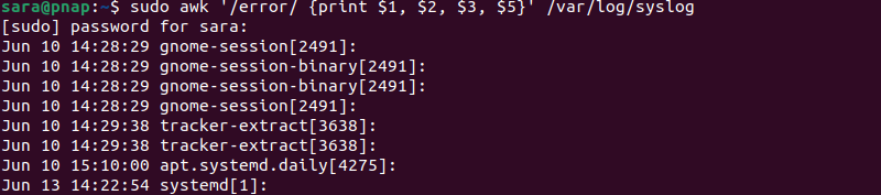 awk '/error/ {print $1, $2, $3, $5}' /var/log/syslog terminal output