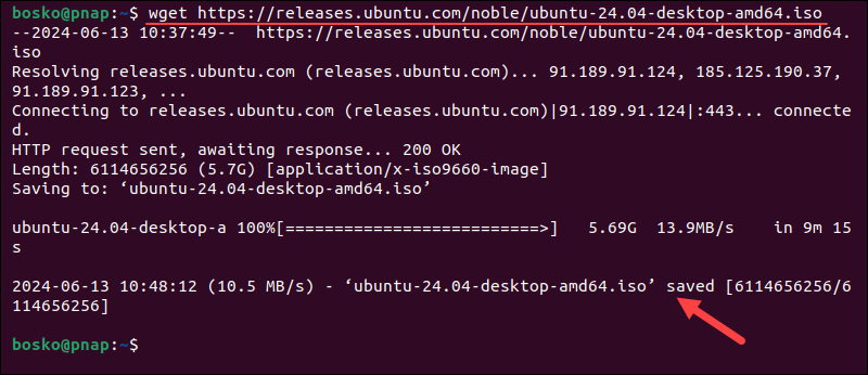 Downloading Ubuntu 24.04 using the wget command.