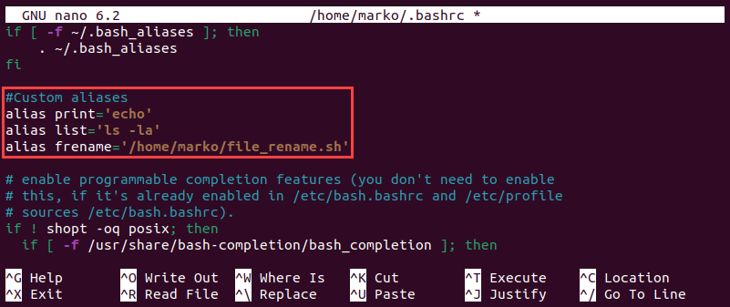 Editing the .bashrc file to include custom aliases.