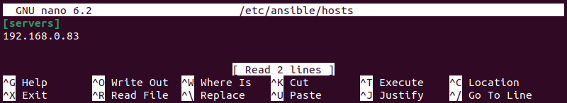 Editing the default Ansible hosts file.