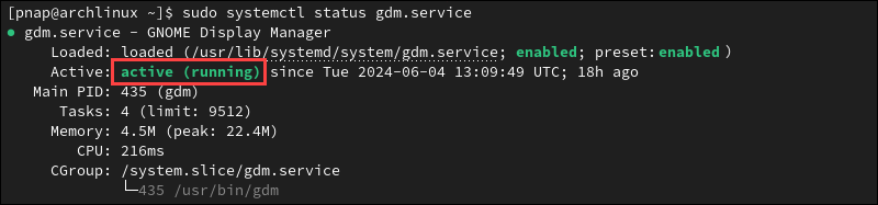 GDM service status in Arch Linux.