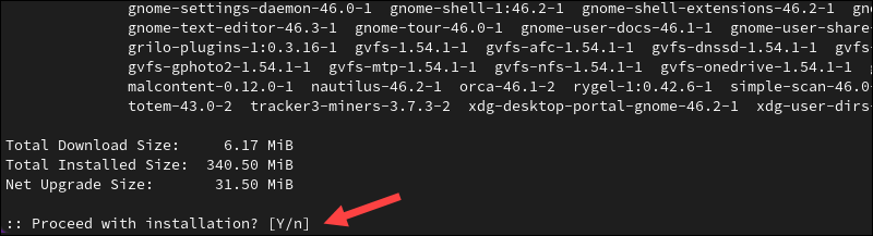 Selecting GNOME dependencies to install in Arch Linux.