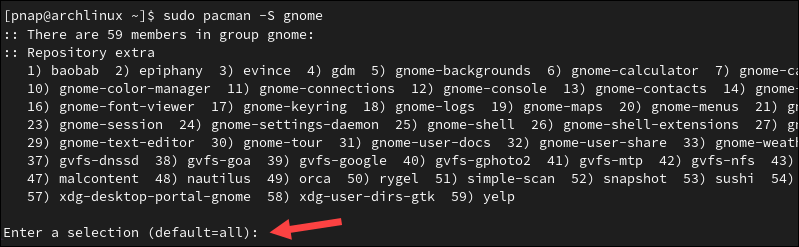 Installing the GNOME desktop environment on Arch Linux.