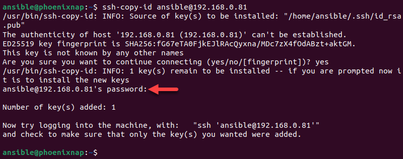 Copying a public SSH key to remote hosts with the ssh-copy-id command.