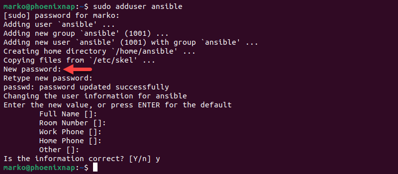 Adding a user with the adduser command.