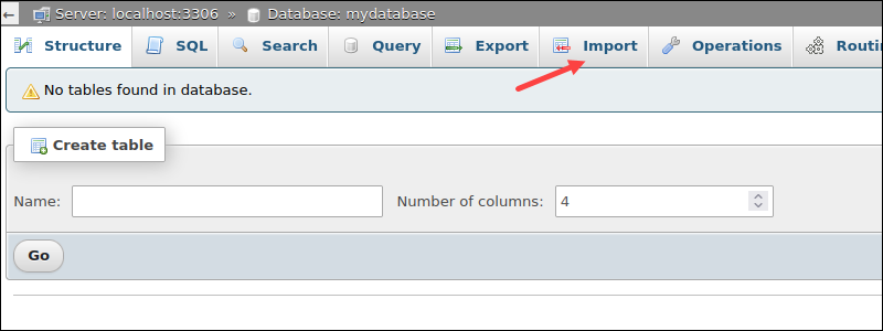 phpMyAdmin bar import tab