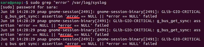 sudo grep "error" /var/log/syslog terminal output