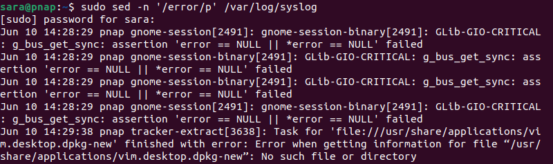 sudo sed -n '/error/p' /var/log/syslog terminal output