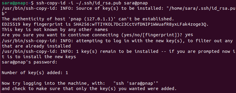 Terminal output for ssh-copy-id -i ~/.ssh/id_rsa.pub sara@pnap
