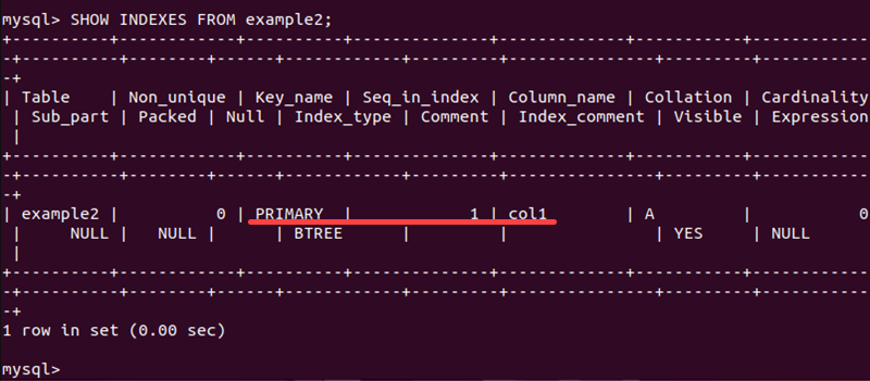 terminal output SHOW INDEXES FROM example2;