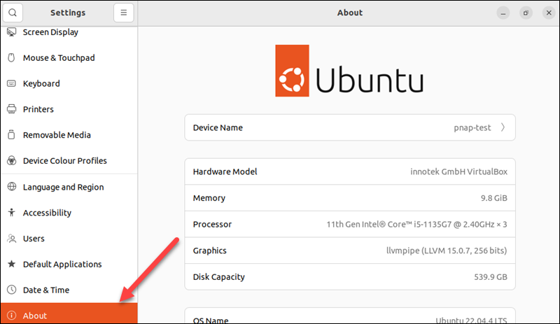 Ubuntu settings about section