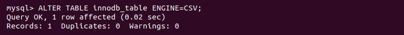 ALTER TABLE ENGINE=CSV; output