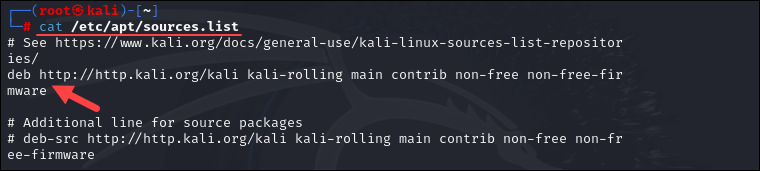 Checking the list of sources in Kali Linux.