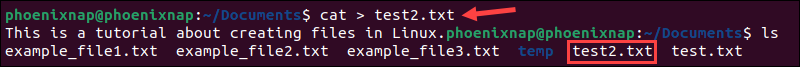 Using the cat command to create a file in Linux.