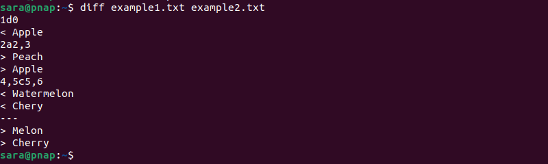diff example1.txt example2.txt  terminal output