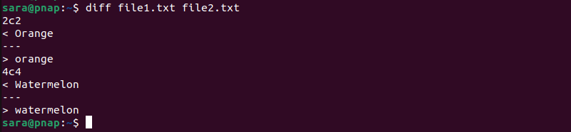 diff file1.txt file2.txt terminal output