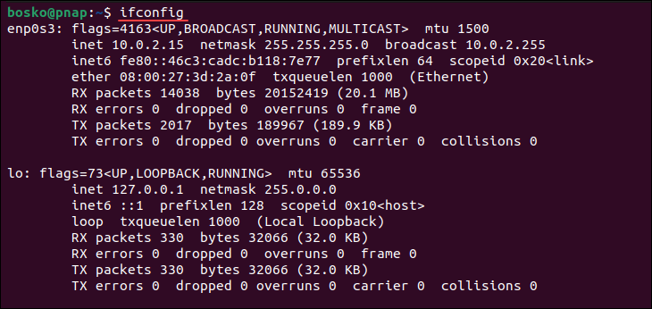 ifconfig command output in Ubuntu.