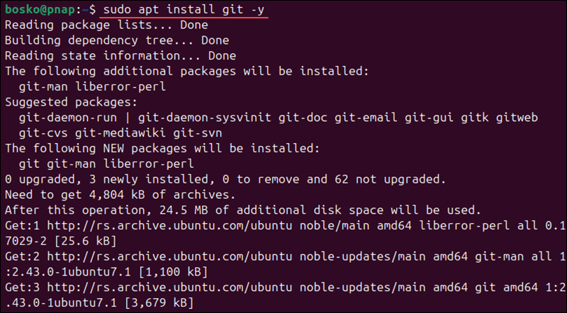 Installing Git on Ubuntu using the apt package manager.