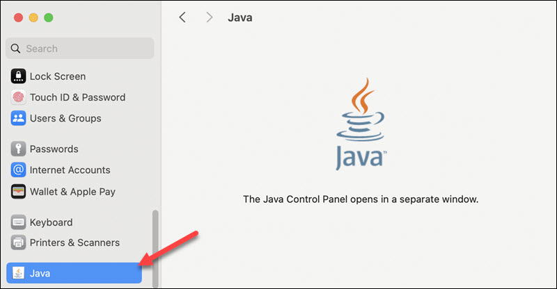 Opening the Java control panel on macOS.
