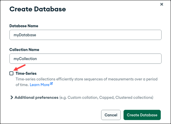 MongoDB Compass Create Database Time-Series checkbox