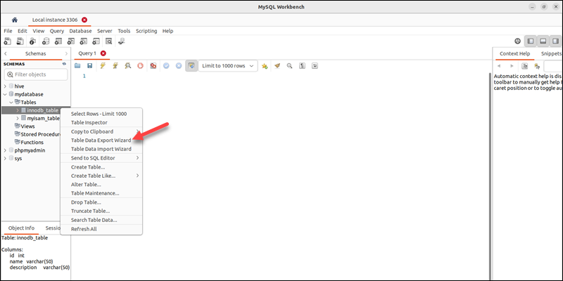 MySQL Workbench table data export wizard