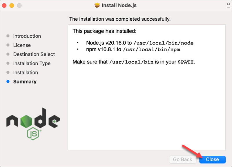 Installation complete in the Node.js PKG installer.