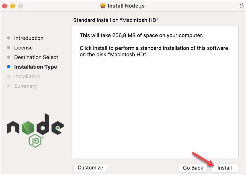 Starting the installation in the Node.js PKG installer.