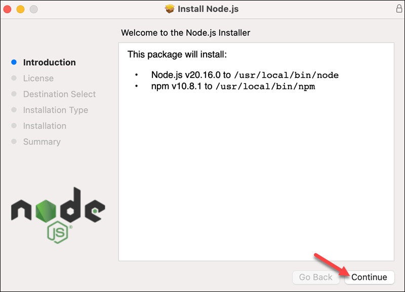 Introductory dialog of the Node.js PKG installer.