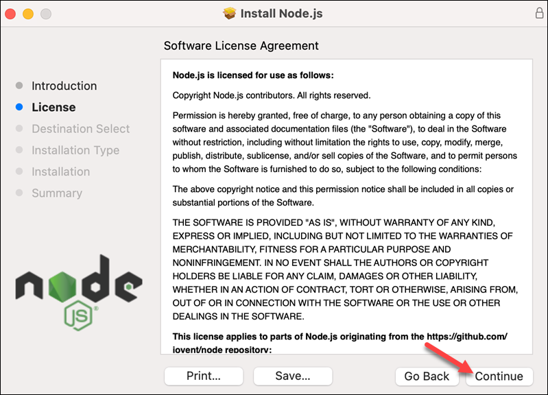 License agreement dialog in the Node.js PKG installer.