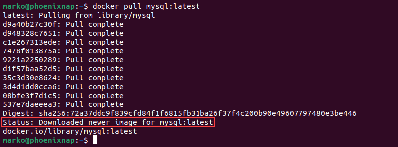 Docker pulls the latest MySQL image.