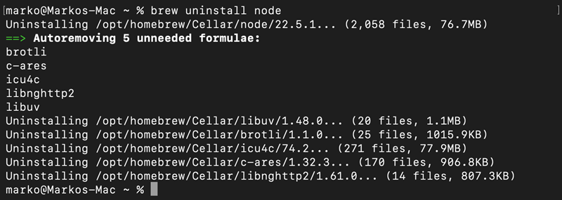 Uninstalling the Node.js and NPM installation with Homebrew on macOS.