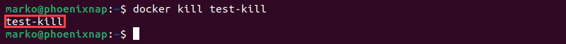 A successful docker kill command prints the name of the container in its output.