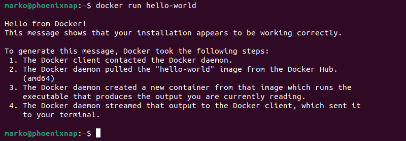The output from a container running the hello-world app.