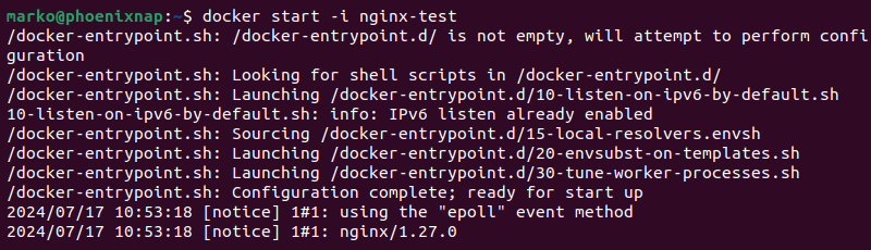 Starting an Nginx container with standard input attached.