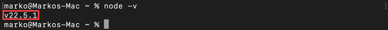 Checking the version of the Node.js installation on macOS.