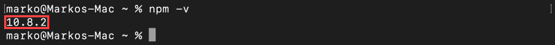 Checking the version of the NPM installation on macOS.