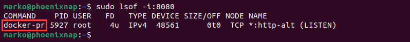 The lsof command output shows that port 8080 is used by a Docker process.
