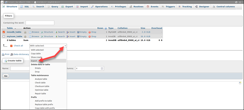 phpMyAdmin database table export