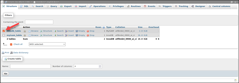 phpMyAdmin database tables list checkbox