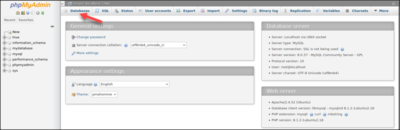 phpMyAdmin Databases tab