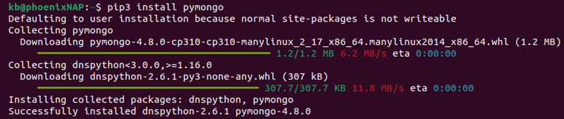 pip3 install pymongo terminal output