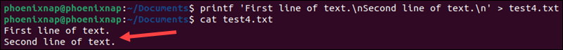 Using the printf command to create a file in Linux.