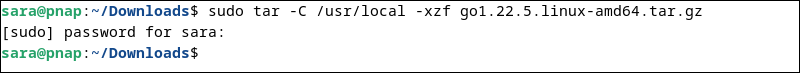 sudo tar -C /usr/local -xzf go1.22.5.linux-amd64.tar.gz terminal output