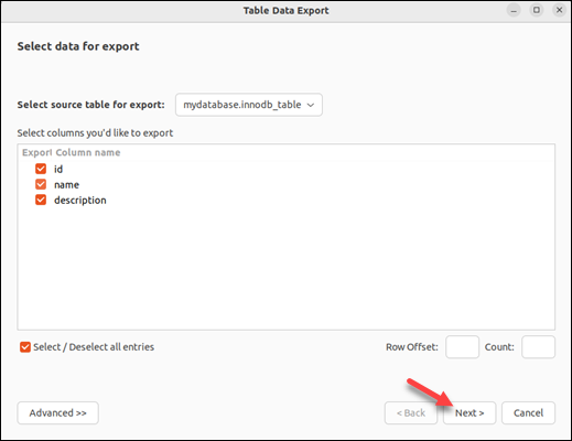 Table data export columns